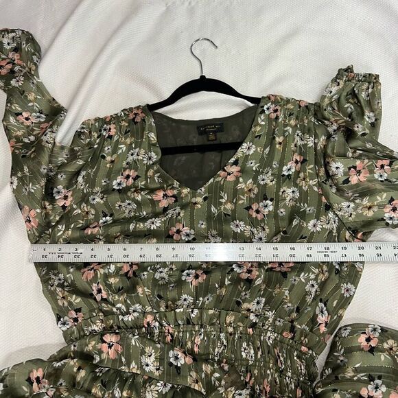 Current Air Green‎ Floral Long Sleeve Smocked Waist V Neck Dress Sz M - Picture 5 of 9